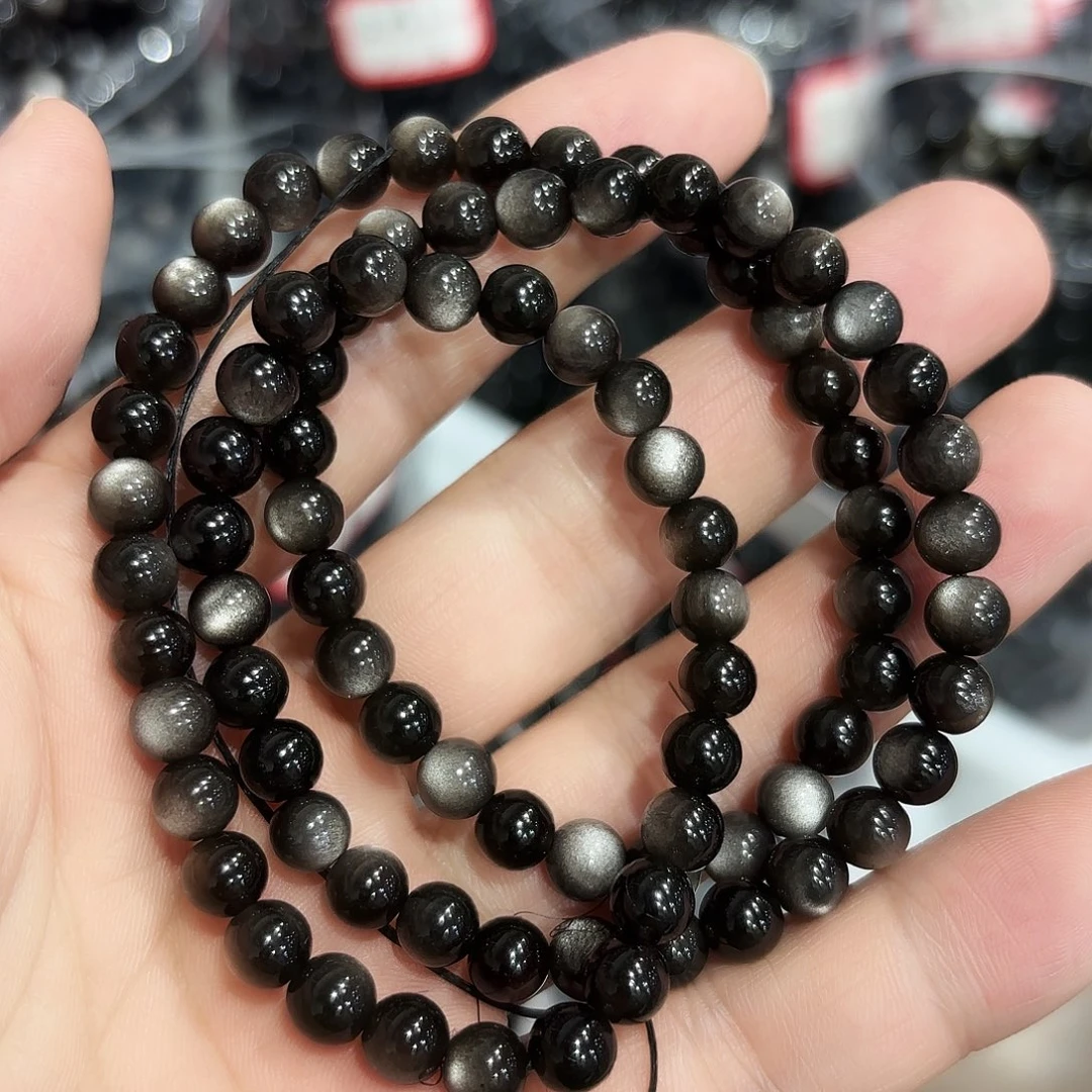 水晶手串未镶嵌银曜石多圈