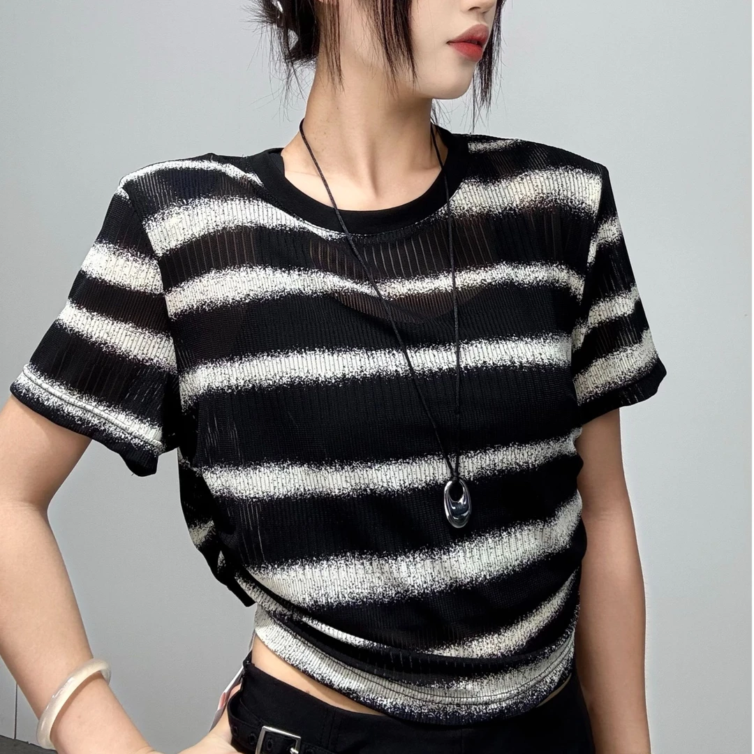 178#2025夏新款韩版时尚短袖T恤女短款宽松百搭休闲条纹抽绳上衣