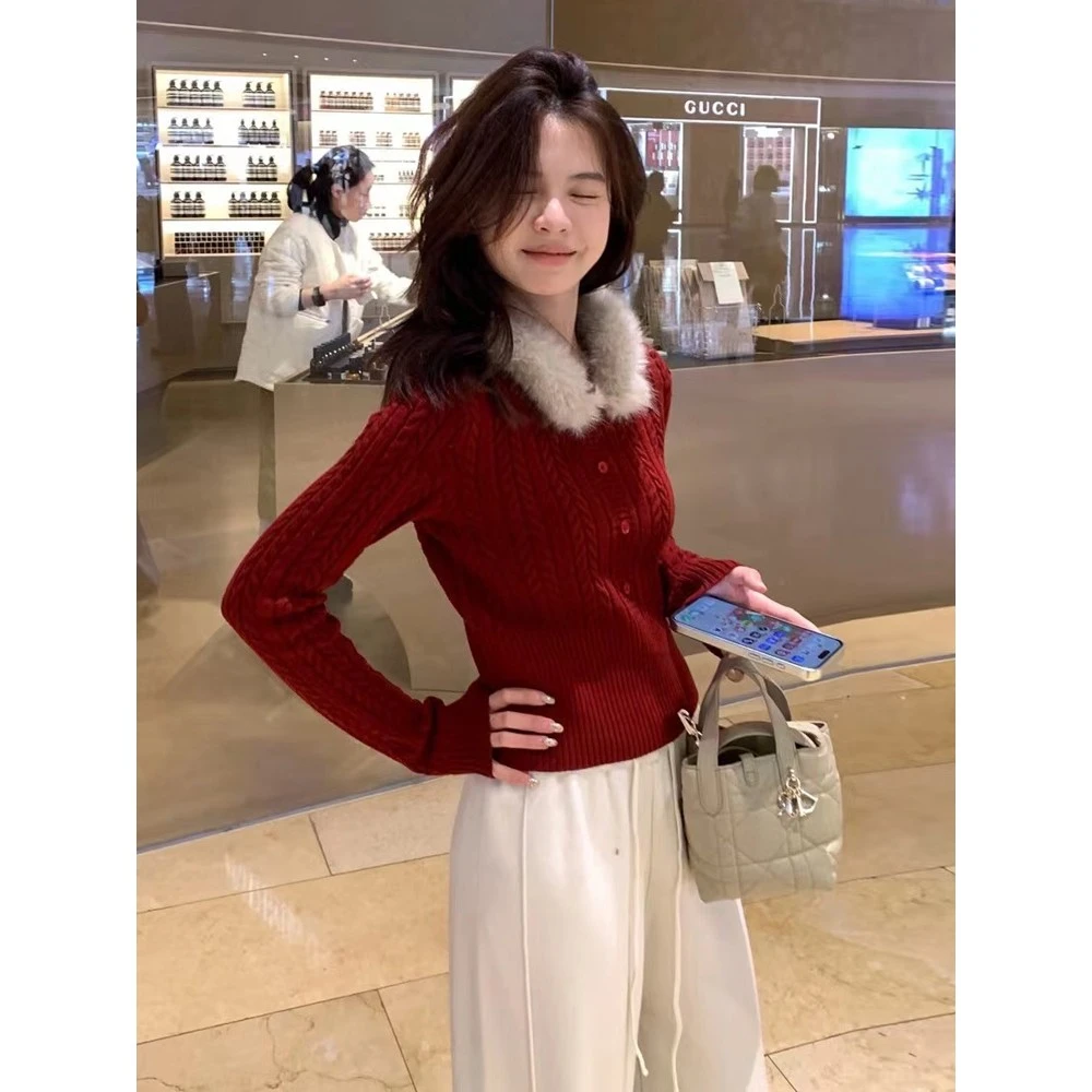 红色毛毛领麻花长袖针织衫女秋冬季修身设计感小众高级感短款上衣