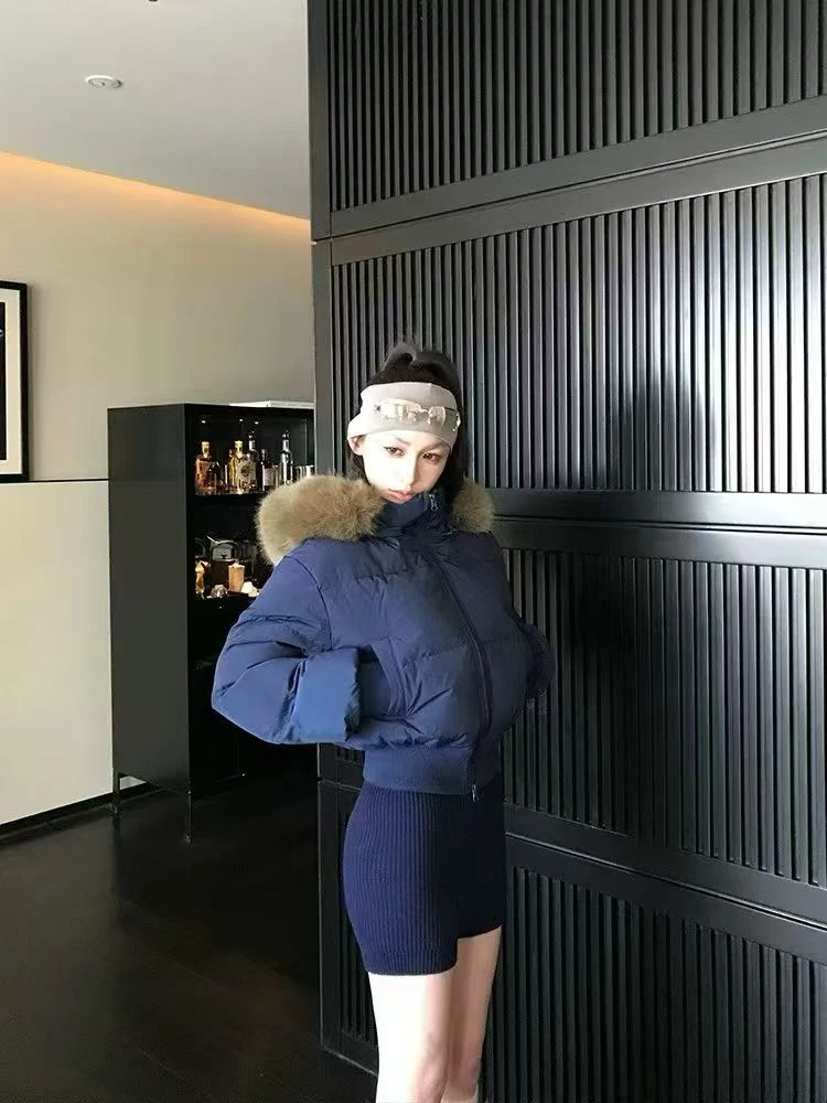 新款冬季连帽大毛领短款女小个子女大学生松弛感显瘦甜美棉服外套