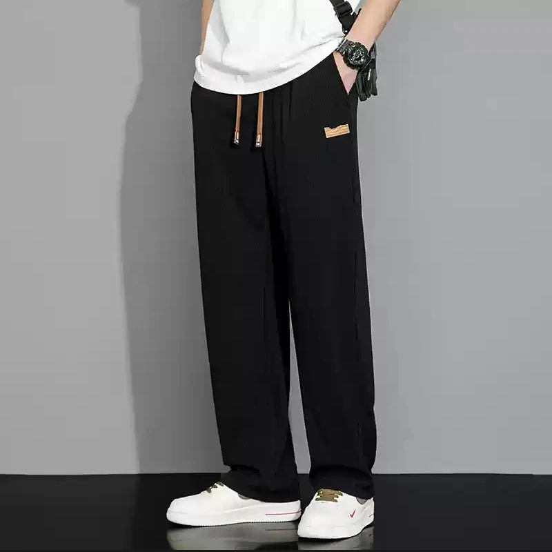 冰丝男裤子夏季ins潮流宽松弹力垂感港风休闲阔腿情侣直筒运动裤