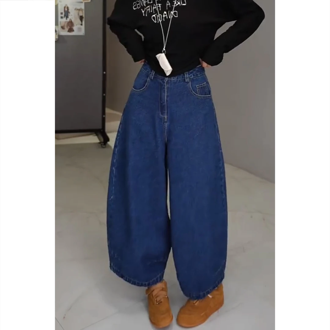 艾塔莉早秋新款牛仔裤蓝色阔腿裤女款百搭高腰水洗九分灯笼裤宽松