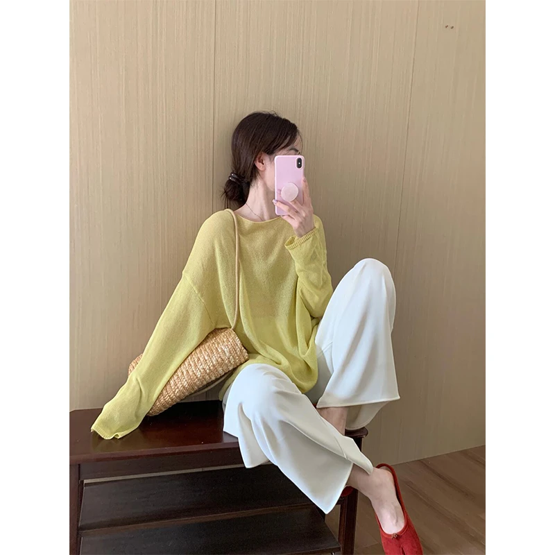 2025春季新款韩系时尚气质休闲黄色显瘦圆领长袖上衣白色裤子套装