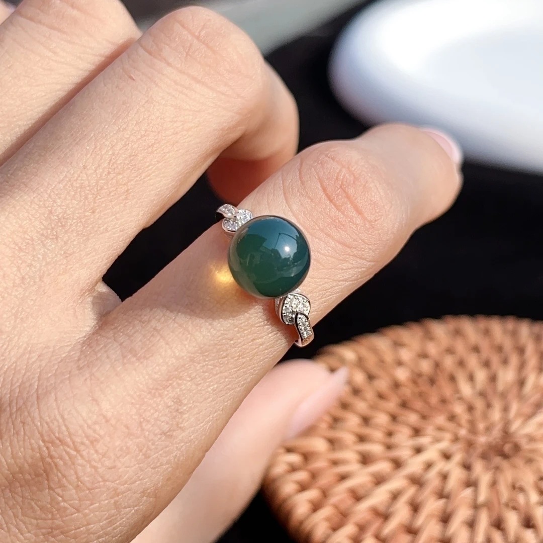 天然原矿墨西哥蓝珀圆珠戒指9m