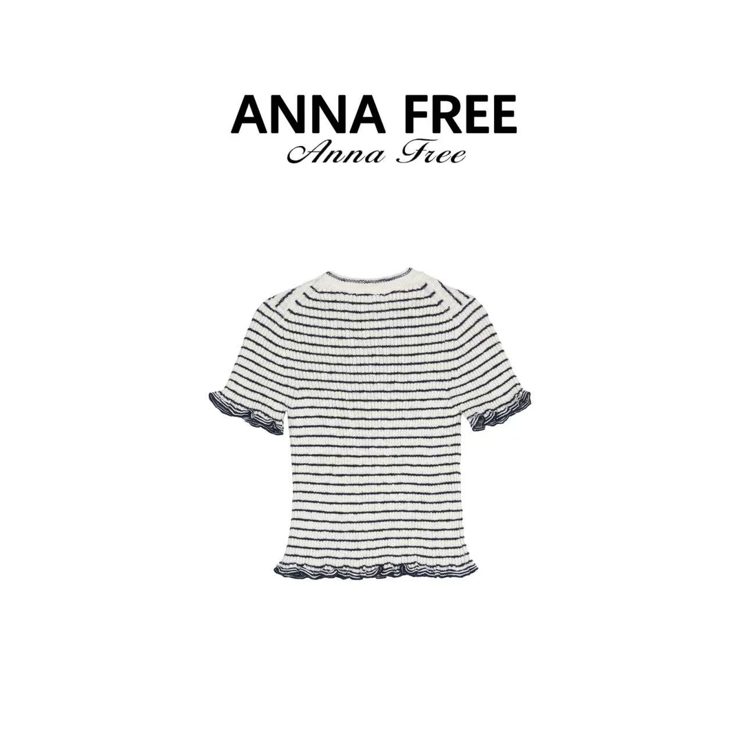 ANNA FREE 新款刺绣圆领针织条纹短袖T恤Z8408