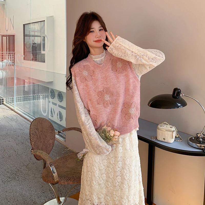 时尚套装粉色甜美针织花朵马甲套装女春季时尚减龄法式气质两件套