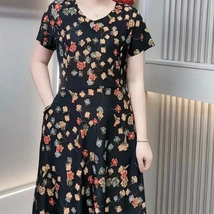 夏季新款圆领玫瑰印花连衣裙中长款过膝显瘦洋气女装裙子