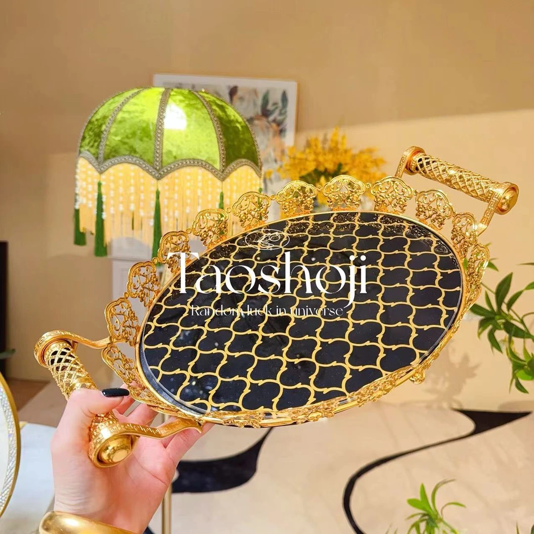 欧式果盘金属花边居家客厅样板房高档托盘摆件轻奢创意饰品工艺品