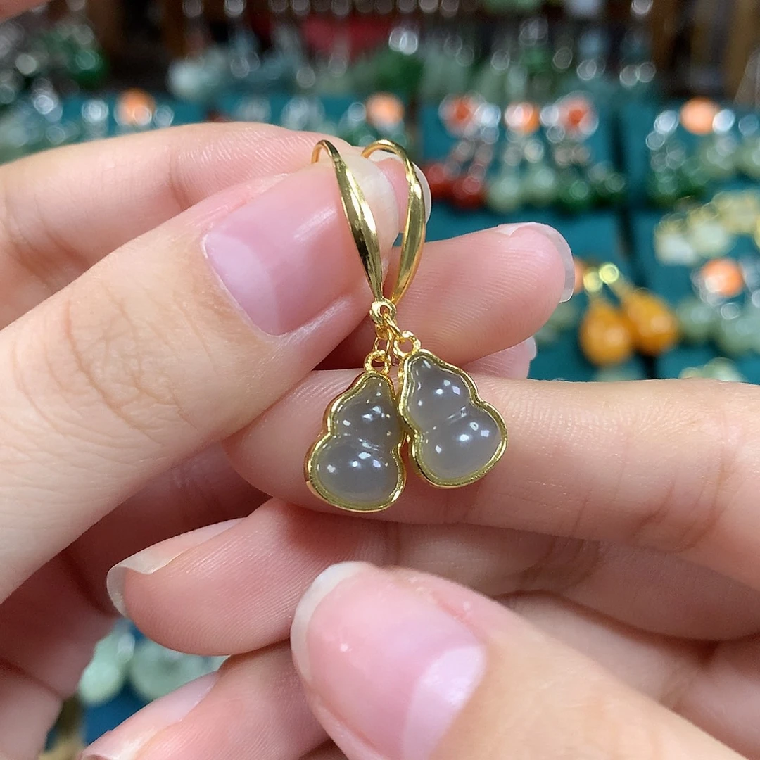 和田玉银S925镶嵌耳饰深葫芦