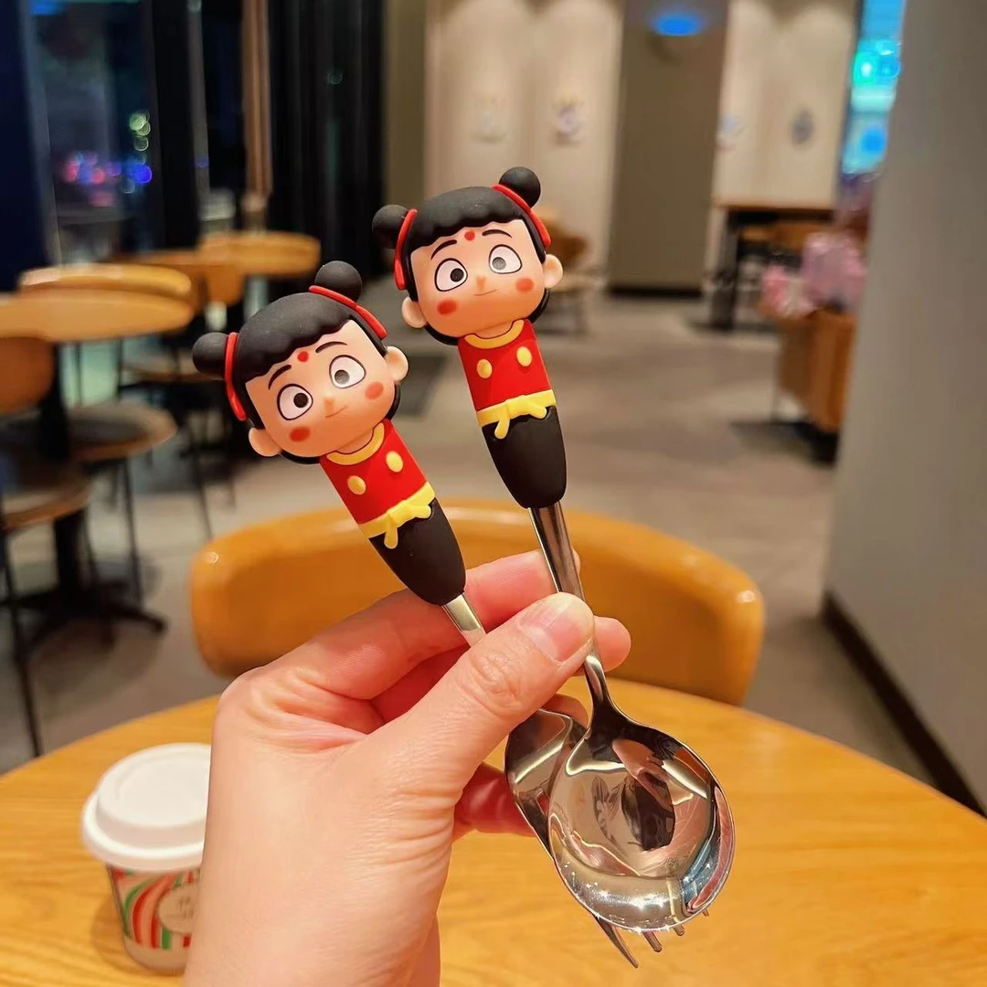 哪吒魔童敖丙可爱卡通304不锈钢硅胶公仔餐叉餐勺筷子便捷套装