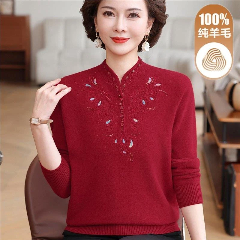 本命年红色中老年人女装毛衣秋冬新款婚礼妈妈装100%纯羊毛打底衫