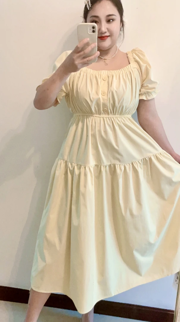 【若雪衣橱】奶油黄色泡泡袖连衣裙女夏季2025年新款法式方领收腰
