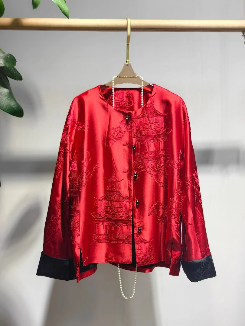 【古梵孜】新中式进口三醋酸重工刺绣亭台楼阁外套