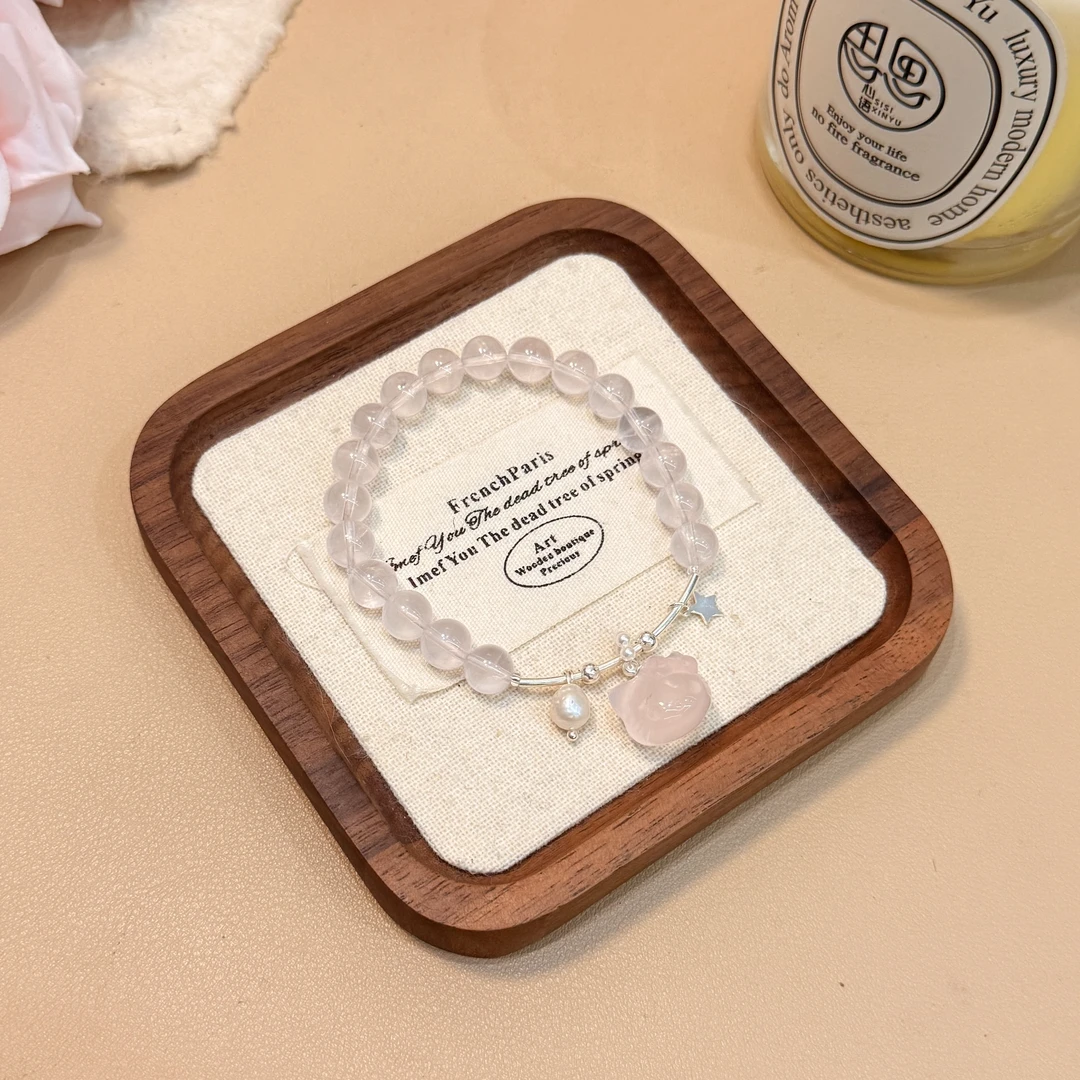 A591天然粉水晶 卡8mm S925银 星光粉KT猫水晶手链