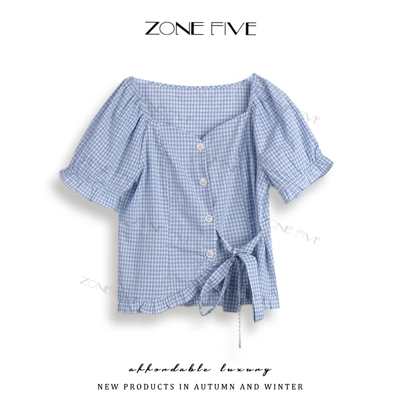【zonefive】夏季新款韩系不规则格子方领系带设计衬衣