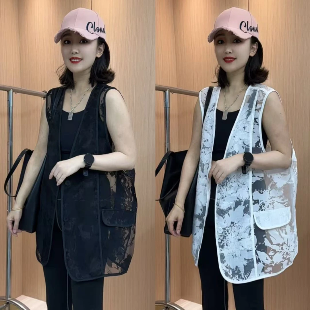 夏季时尚薄款镂空蕾丝口袋西装马甲休闲百搭气质显瘦洋气减龄韩版