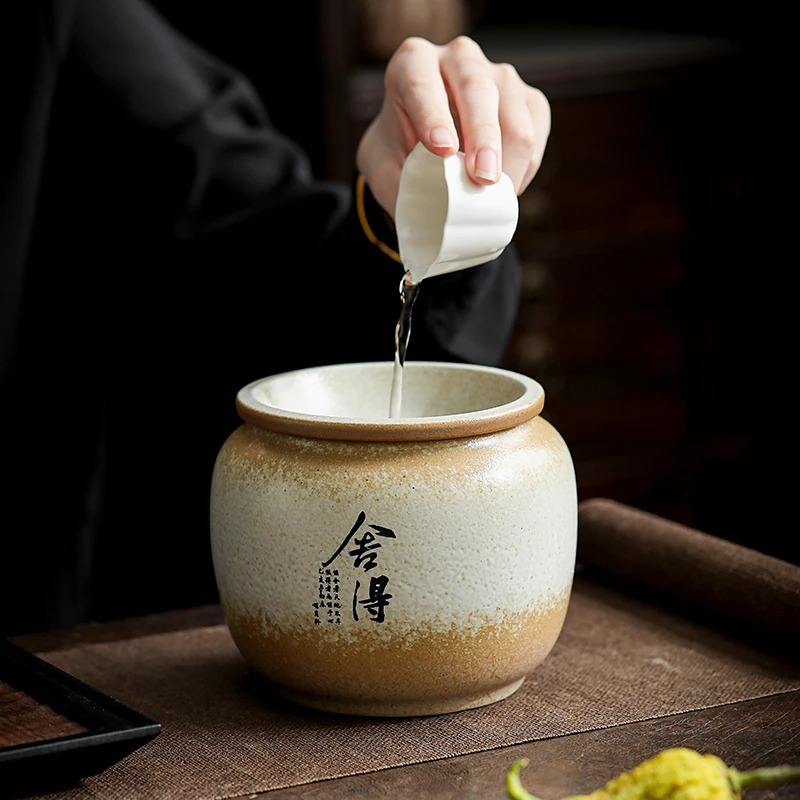 粗陶建水家用禅意茶渣缸带盖茶洗日式复古大号水盂茶盂茶渣桶茶道