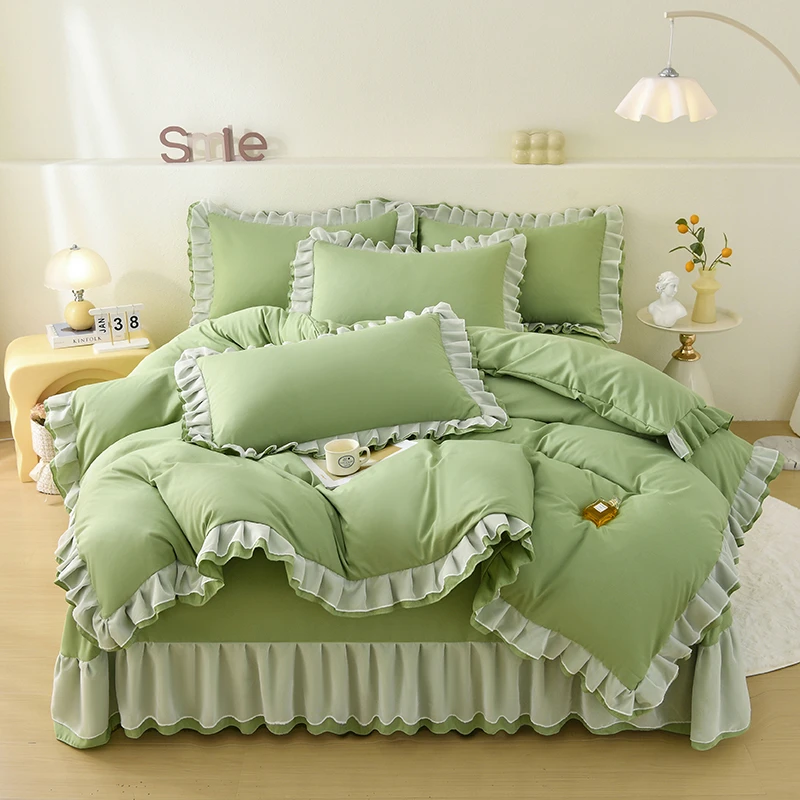 小清新新款花边亲肤棉四件套学生床品套件床裙公主风网红宿舍磨毛