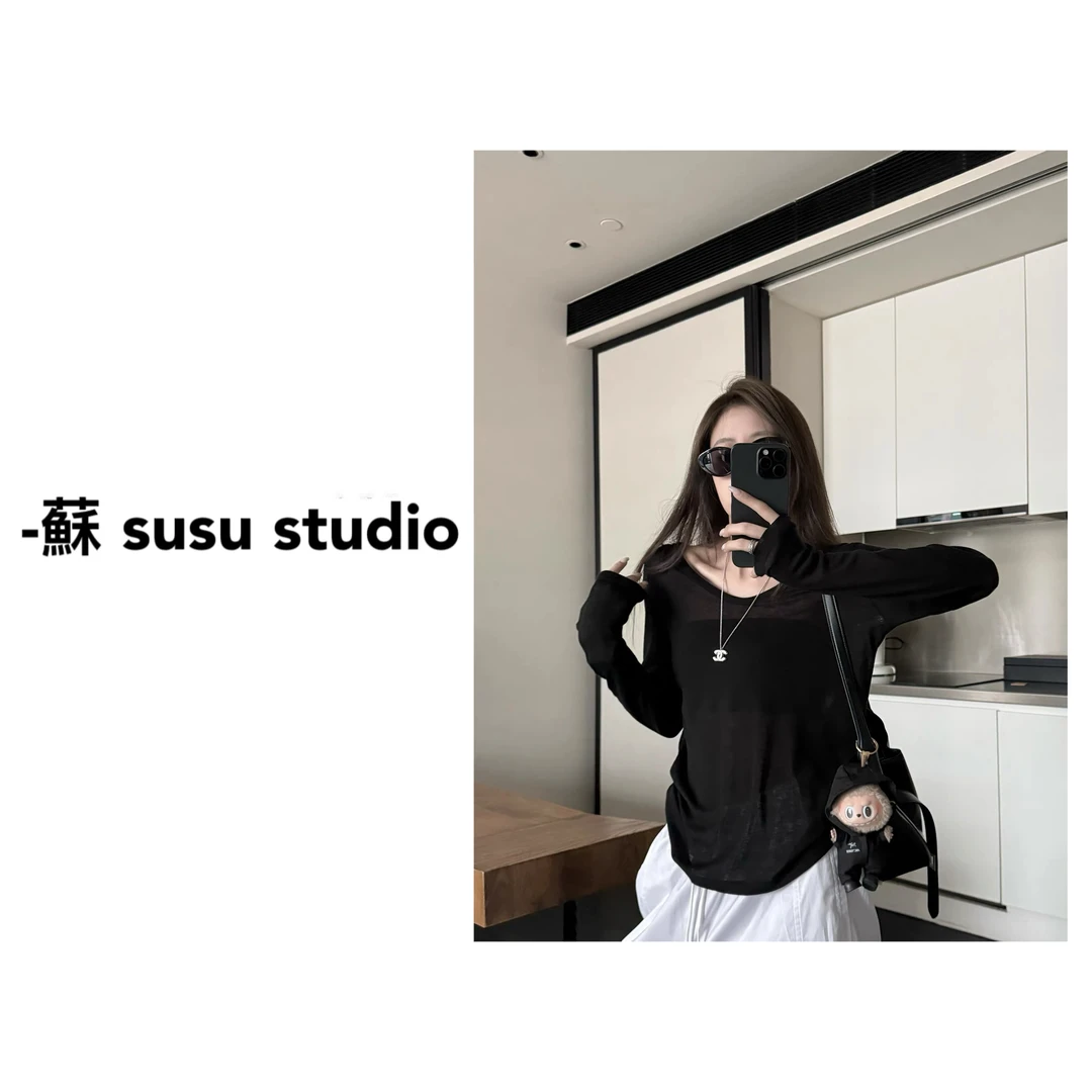 MMU领长袖T恤女春秋早秋修身显瘦内搭打底衫正肩上衣083