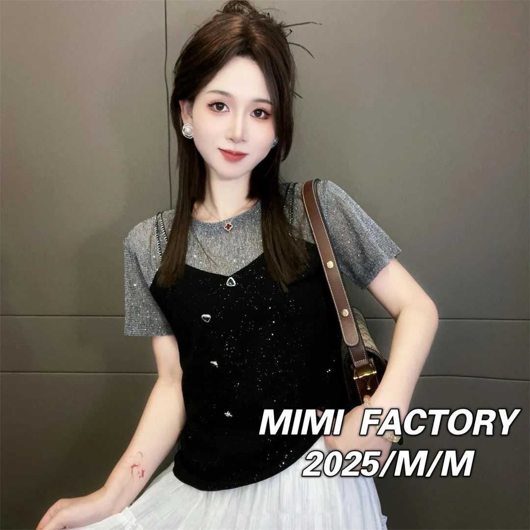 2025夏季新款 网纱拼接假两件短袖修身T恤女显瘦上衣4079#