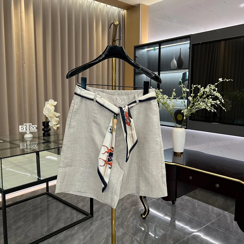 2025美式卡其色轻薄阔腿短裤高腰显瘦透气休闲百搭GK-339