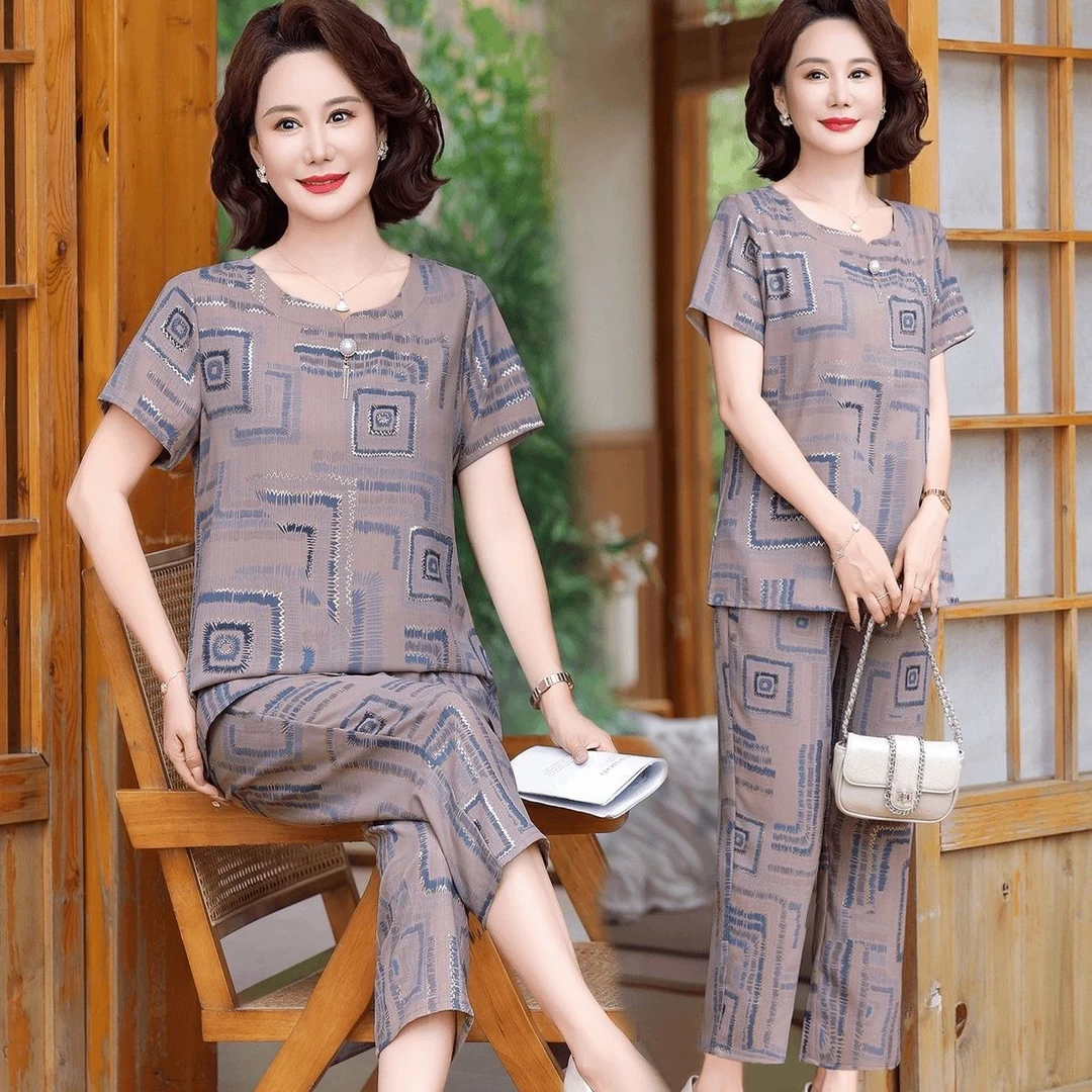 妈妈装夏款洋气短袖套装中老年女装两件套奶奶气质宽松套装