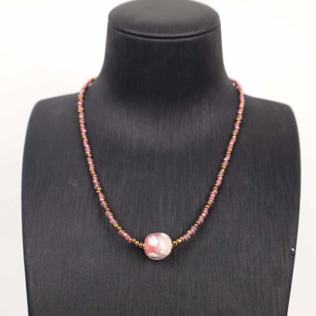 合金项链 LZ2388 粉色花珠单珠金红料进口小米珠琉璃项链