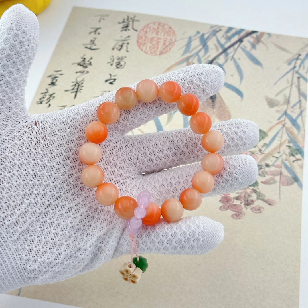 菩提根飘花蜜桃系圆珠单圈男女手串