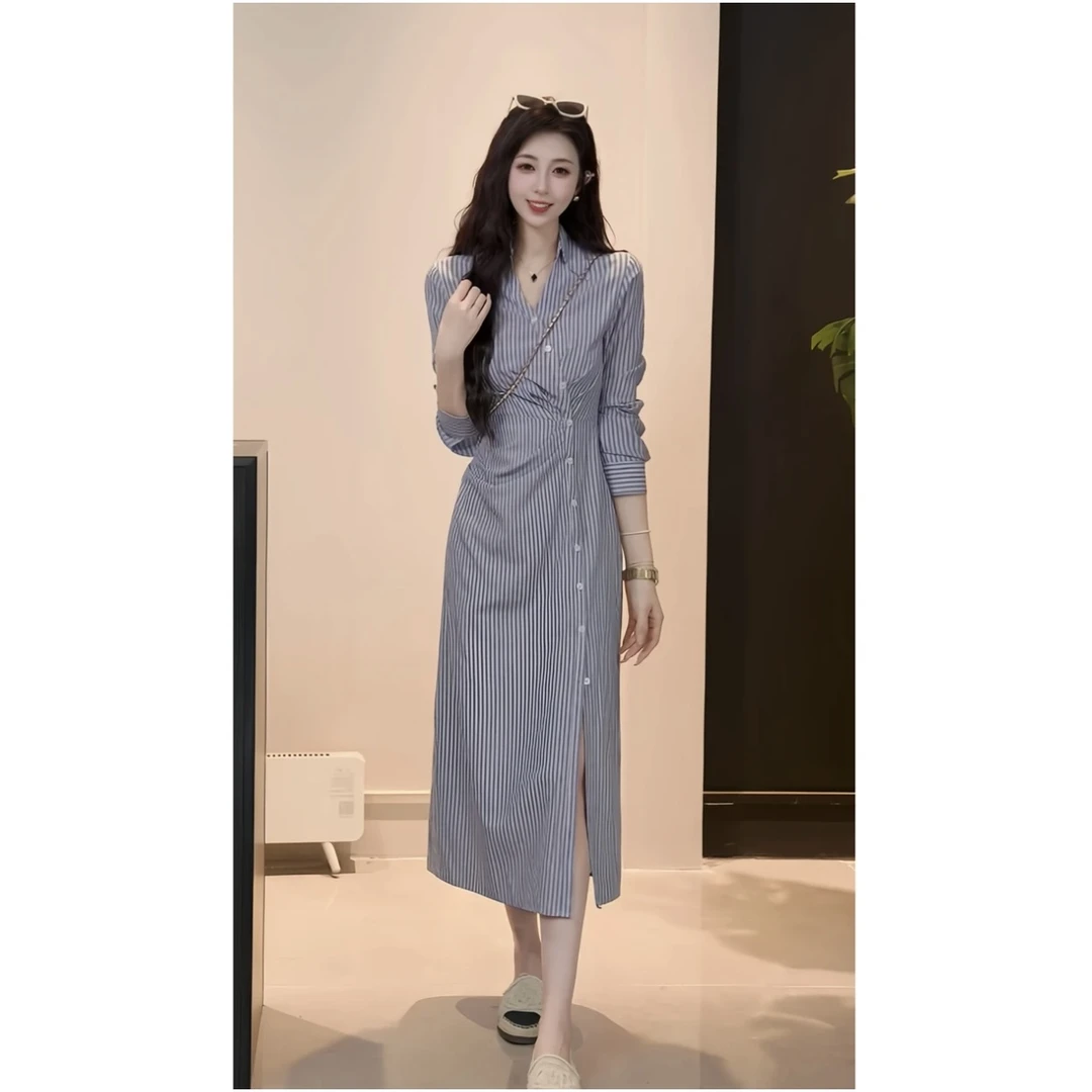 法式蓝色条纹长袖衬衫连衣裙女夏季小众设计收腰显瘦气质衬衣长裙