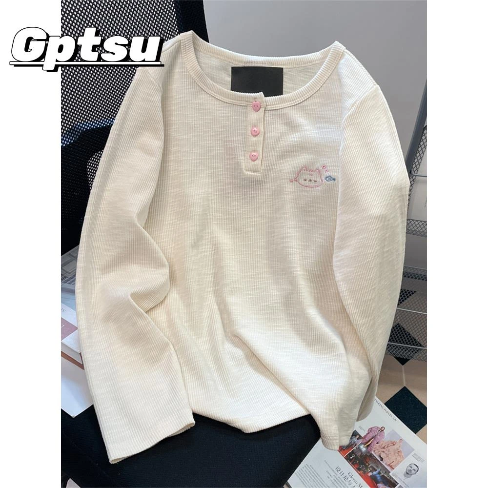 GPTSu日式甜美早秋女士长袖t恤时尚减龄内搭打底宽松圆领衬衫上衣