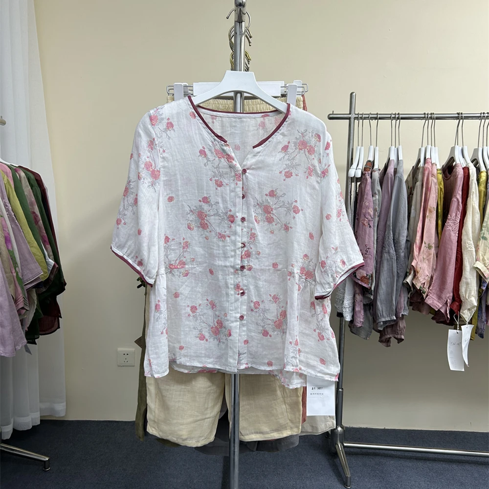 8053苎麻上衣衬衫女2025春夏新款百搭显瘦复古刺绣小衫衬衣