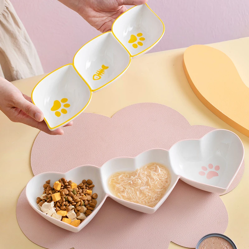 陶瓷三格猫碗防打翻幼猫食盆水碗仓鼠金丝熊鼠龙猫罐头零食猫粮盘