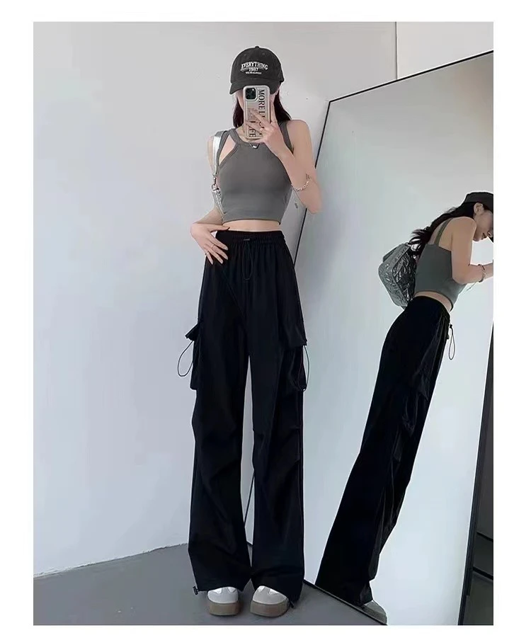 6197#薄款显瘦工装裤百搭阔腿裤高腰夏季设计感休闲裤