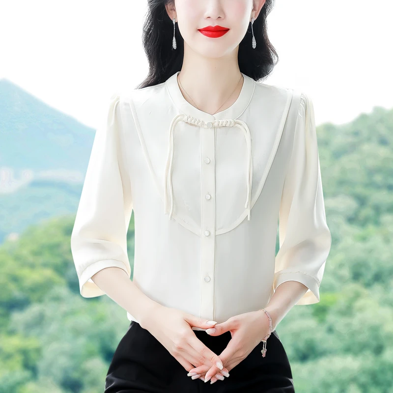 缎面雪纺开衫衬衫女春夏季2025新中式宽松高贵衬衣时尚气质上衣