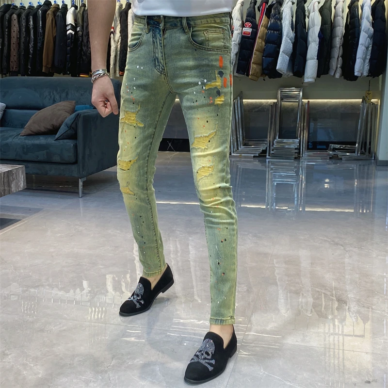 【也许家】新品男士欧货修身破洞印花弹力小脚牛仔裤EE7675
