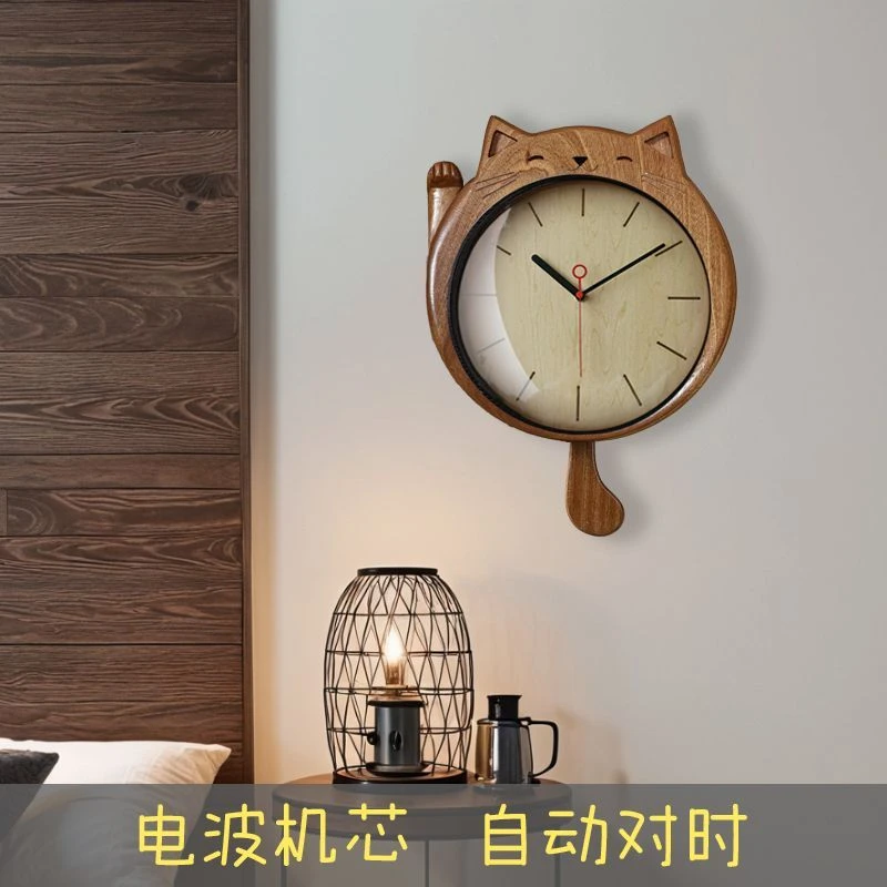 【AIOSC品质】原创实木招财猫挂钟客厅静音免打孔原木雕刻家用挂