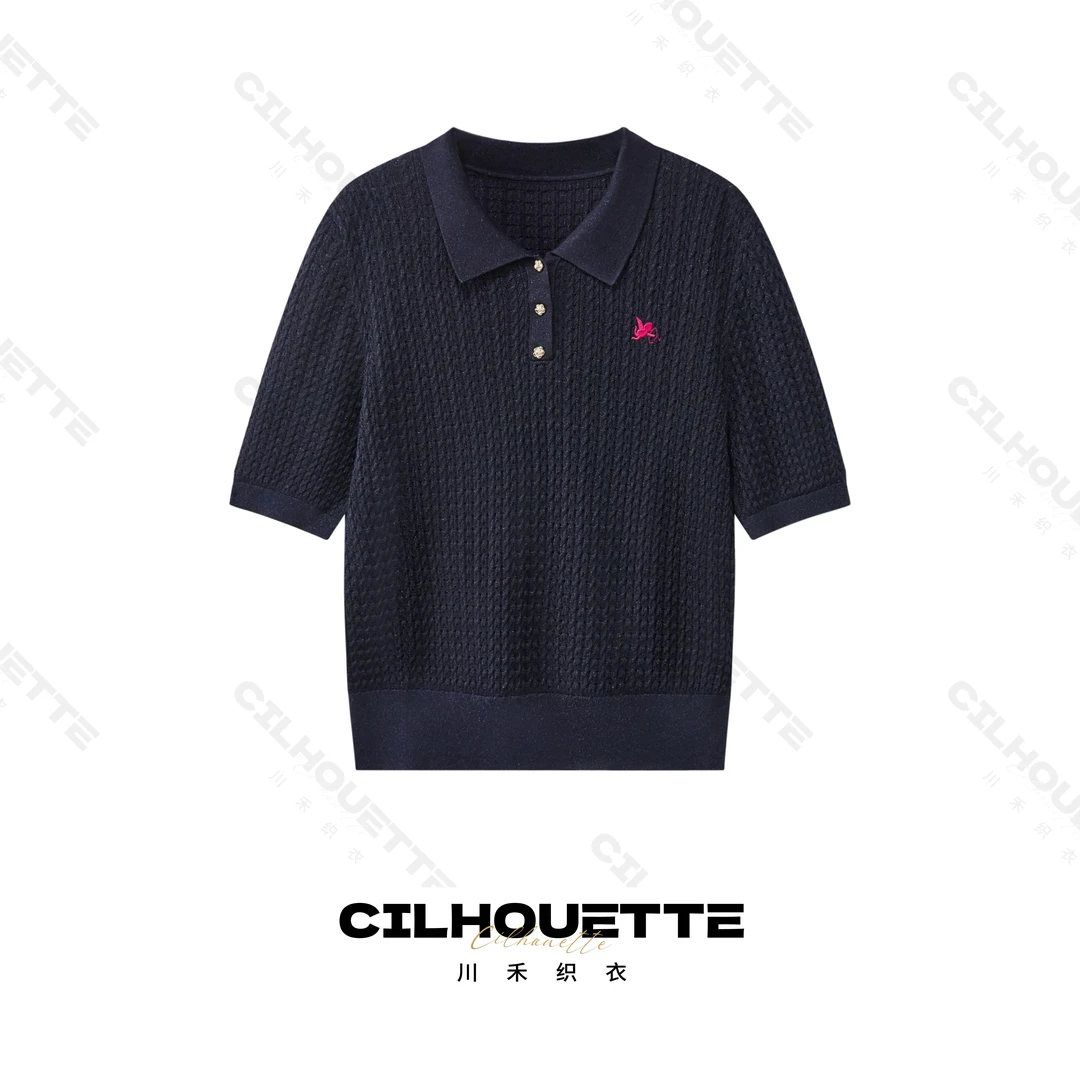 【清】川禾织衣  早春银丝绞花刺绣翻领100纯天丝中袖T恤针织打底女