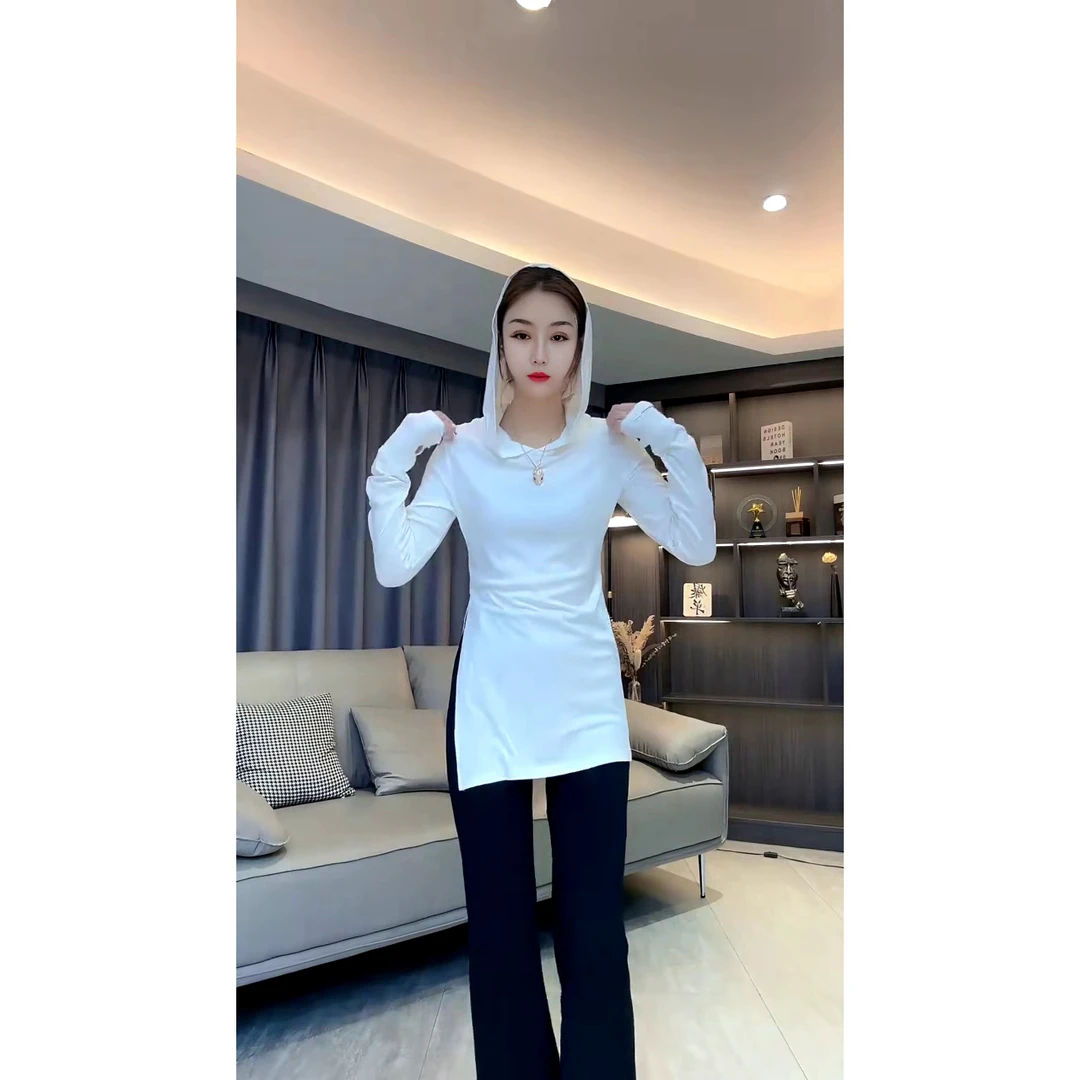 欧货后背字母印花连帽长袖T恤设计感侧开叉修身显瘦上衣