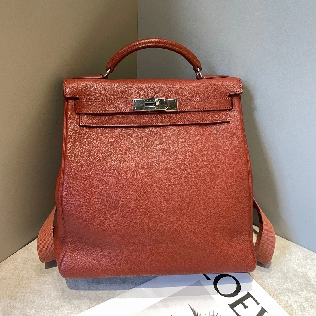 99新 Hermes/爱马仕 砖红色银扣Kelly Ado28双肩包 togo皮 框D刻