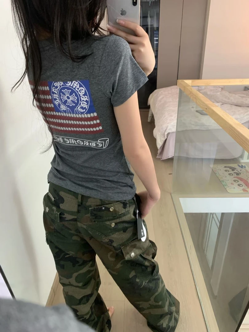 美式复古V领星条旗印花正肩短袖T恤女装2025夏季百搭纯欲风上衣潮