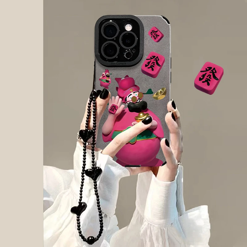 适用于苹果16/15华为/oppo/vivo玫红财神手机壳硅胶流行个性新款