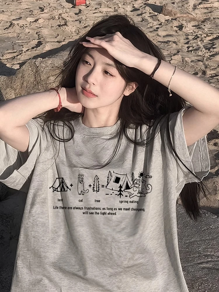 灰色纯棉短袖t恤女上衣修身新款爆款宽松韩版圆领短袖女t恤宽松