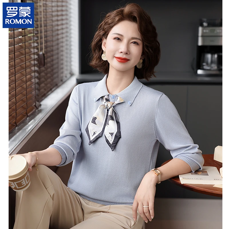 罗蒙秋季时尚妈妈装中年气质翻领长袖中老年女装秋款蝴蝶领带上衣