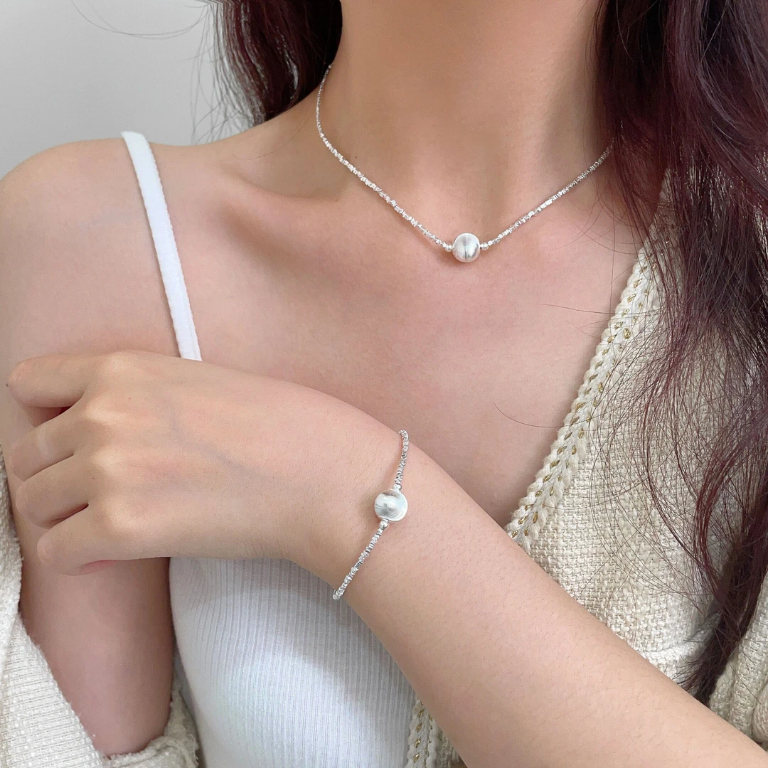 坠链均925银  单颗猫眼碎银子拉丝项链女小米珠高级轻奢手工百搭