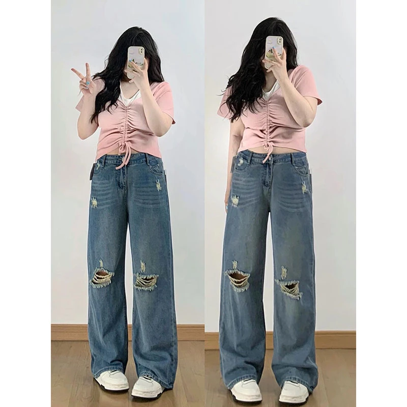 特大码美式复古破洞牛仔裤女秋季新款胖mm宽松显瘦梨形身材阔腿裤