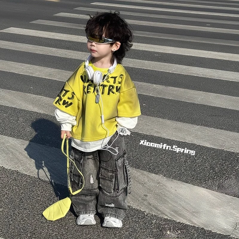 XIAOMIFN〃2025春季新款潮拼接卫衣韩版男童儿童洋气T恤字母16996