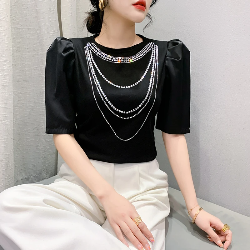 夏季新款缎面拼接烫钻摩登上衣女洋气小衫跳舞衣服百搭短袖T恤