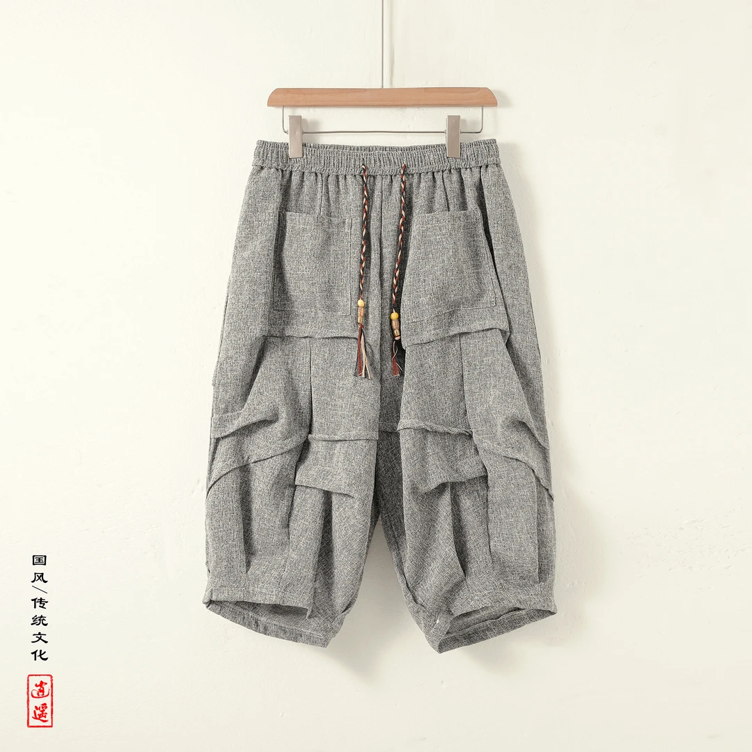 复古潮牌冰丝短裤男士褶皱设计休闲七分裤中国风宽松高级感运动裤