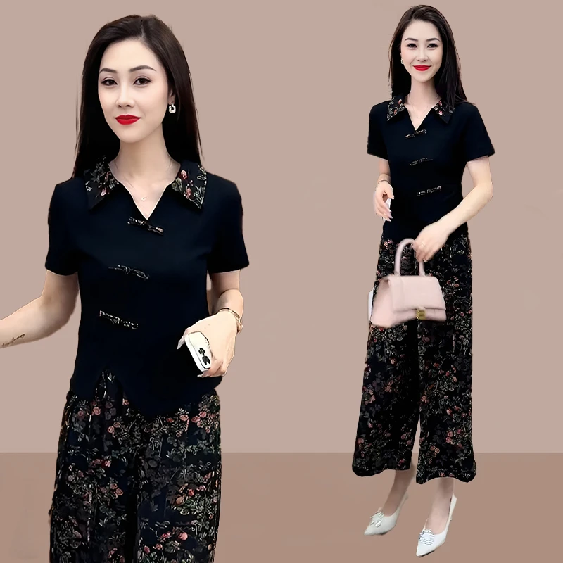 新款小个子时尚套装女2025夏季休闲中年妈妈短袖上衣阔腿裤两件套