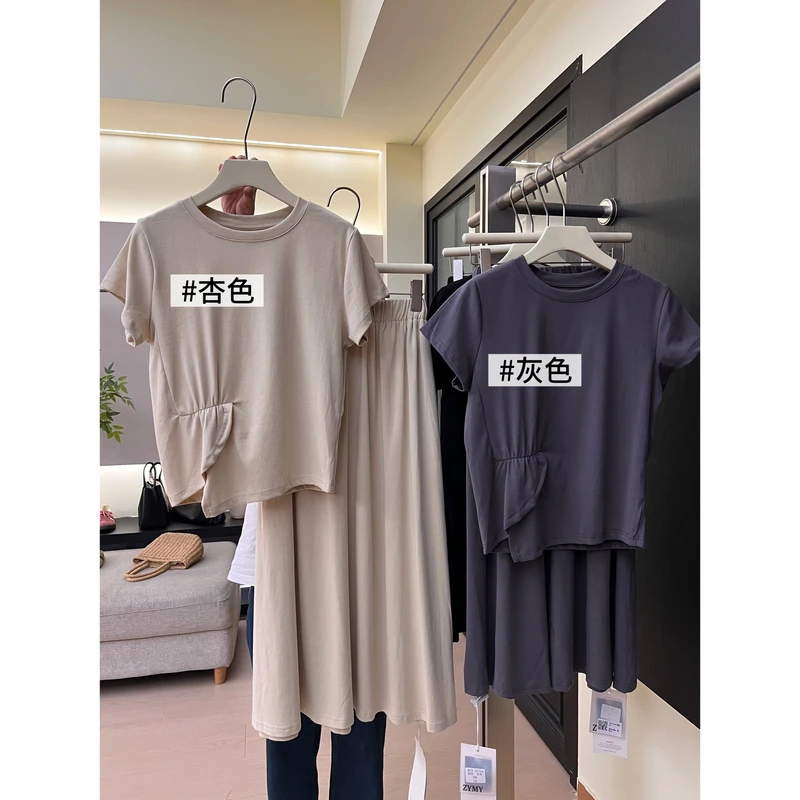 J60时尚棉质套装女夏季圆领不规则设计T恤上衣松紧腰半身裙两件套
